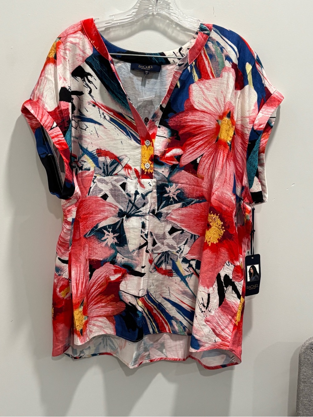 🌸RACHEL Rachel Roy Coral, Navy & Yellow Floral V-Neck Blouse - Picture 2 of 10